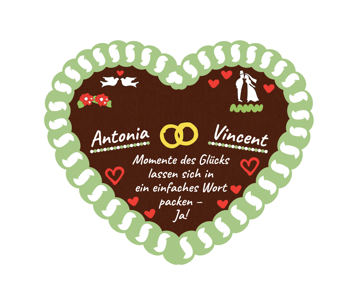 Individuelles Lebkuchenherz mit Namen Antonia und Vincent, Spruch zur Hochzeit und Ring-Motiv