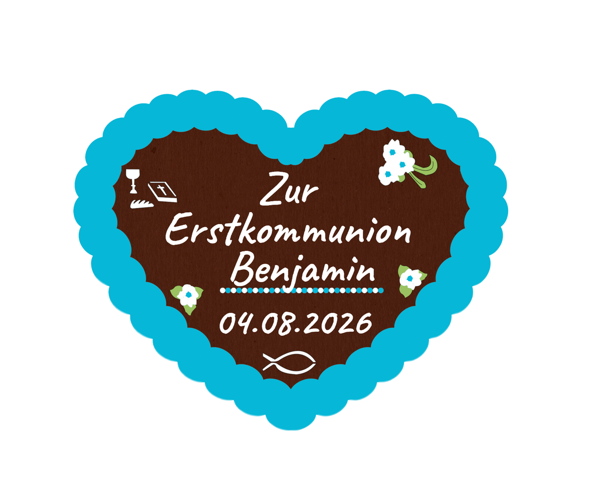 Individuelles Lebkuchenherz Gr. 67 – Erstkommunion mit Namen und Datum