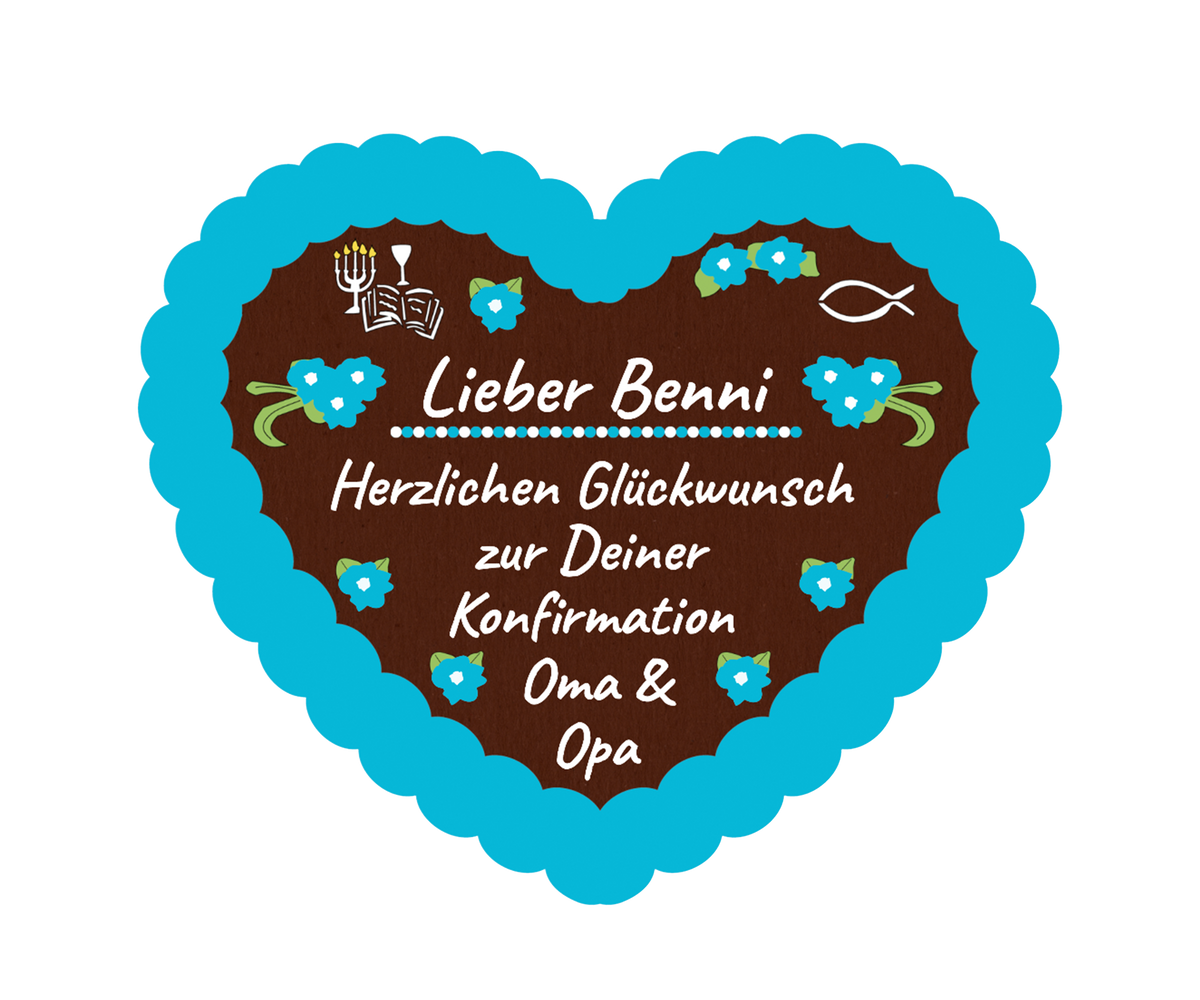 Lebkuchenherz mit blauem Rand und Text zur Konfirmation
