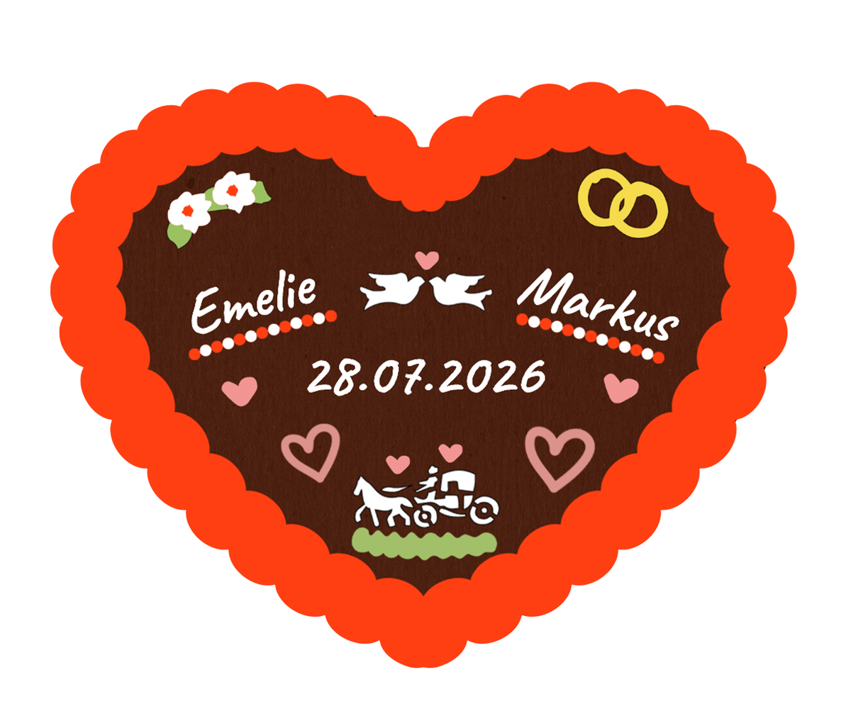 Lebkuchenherz zur Hochzeit mit orangefarbener Umrandung aus Zuckerguss sowie Namen des Brautpaares