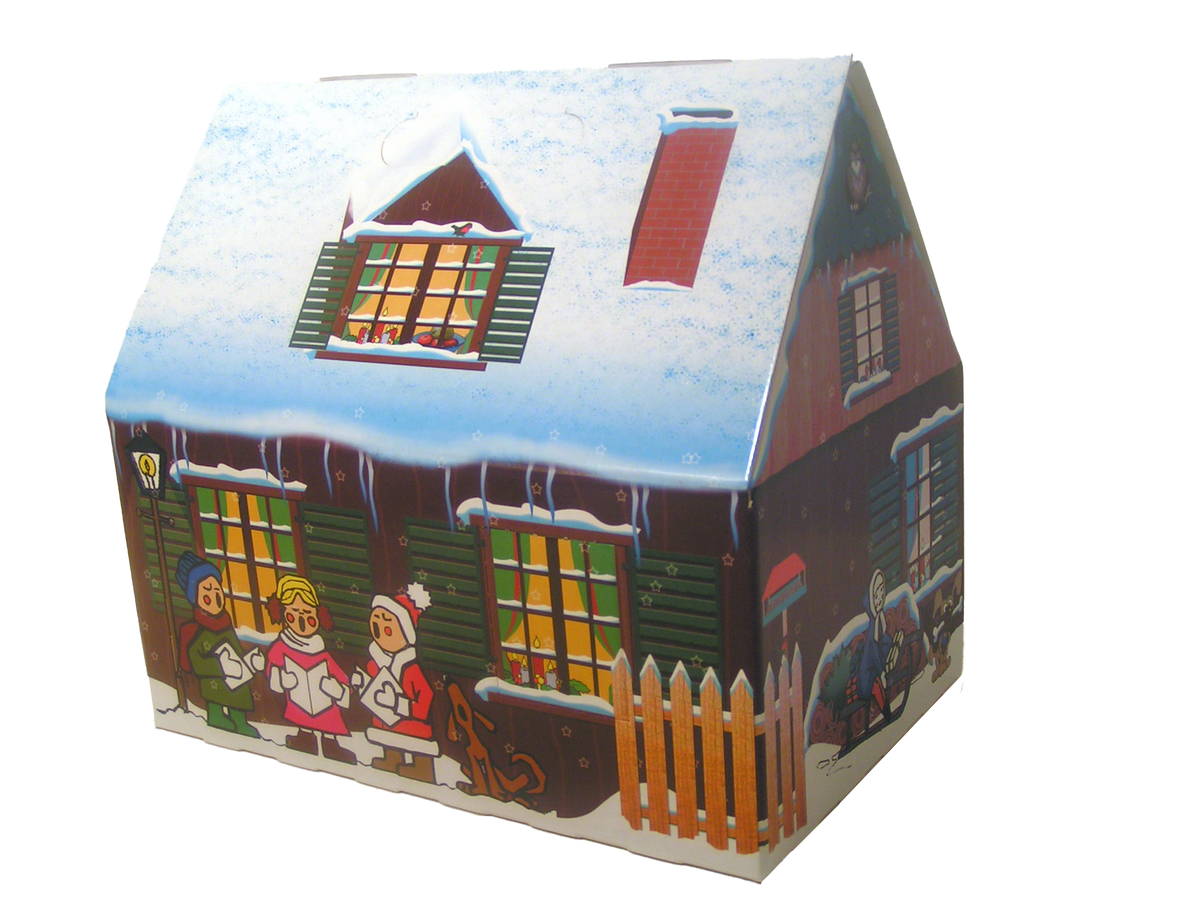 Geschenkkarton in Hausform mit Winterhaus-Motiv