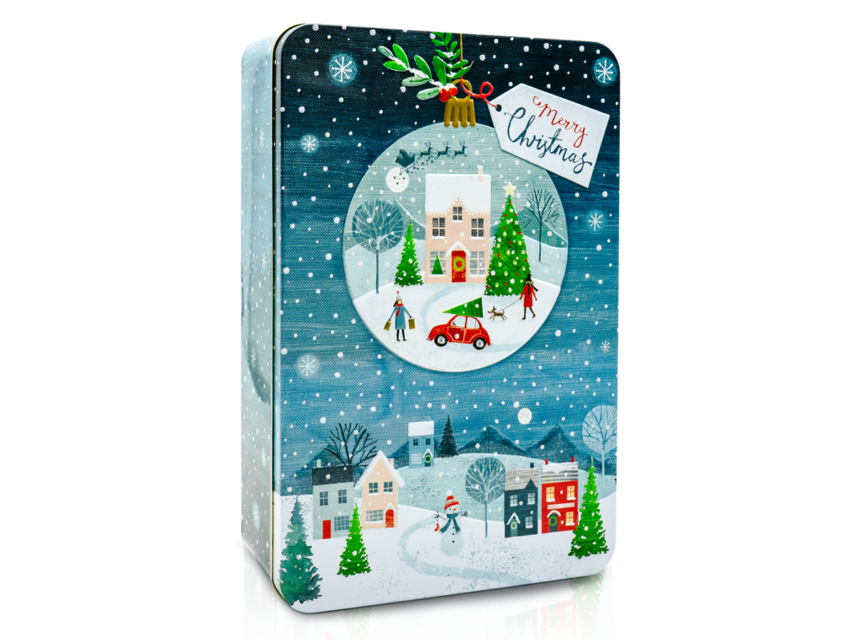 Winterlandschaft-Geschenkdose mit blauem Weihnachtsmotiv und Winterlandschaft-Grafik