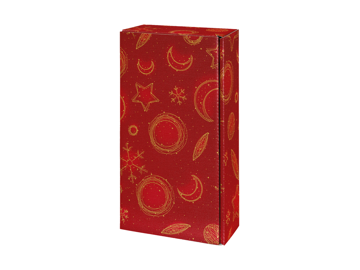 Roter Geschenkkarton mit goldenen Weihnachtsmotiven, rechteckig