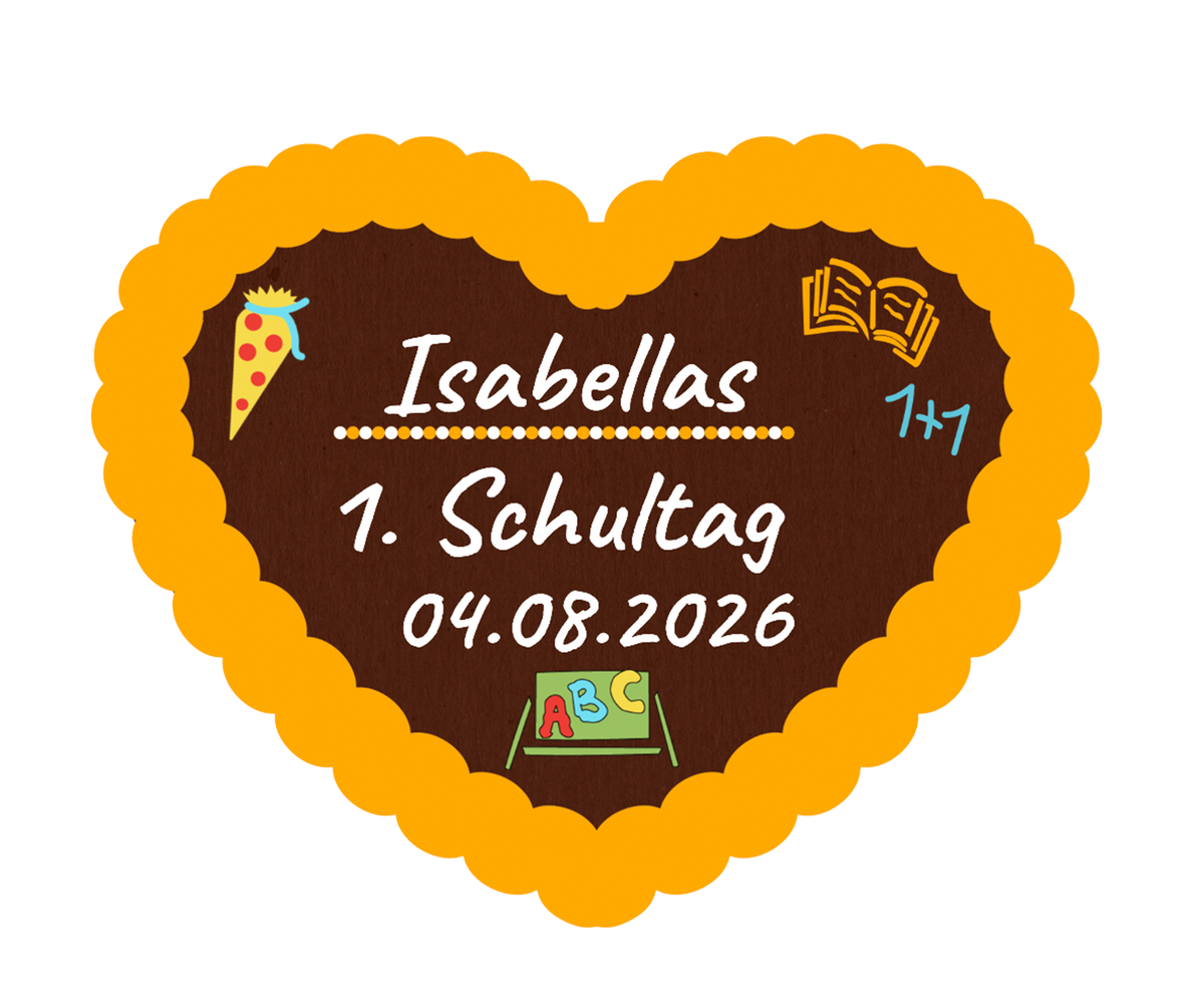 Lebkuchenherz mit dem Text „Isabellas“, „1. Schultag“ und Datum 04.08.2026. Orangener Zuckergussrand